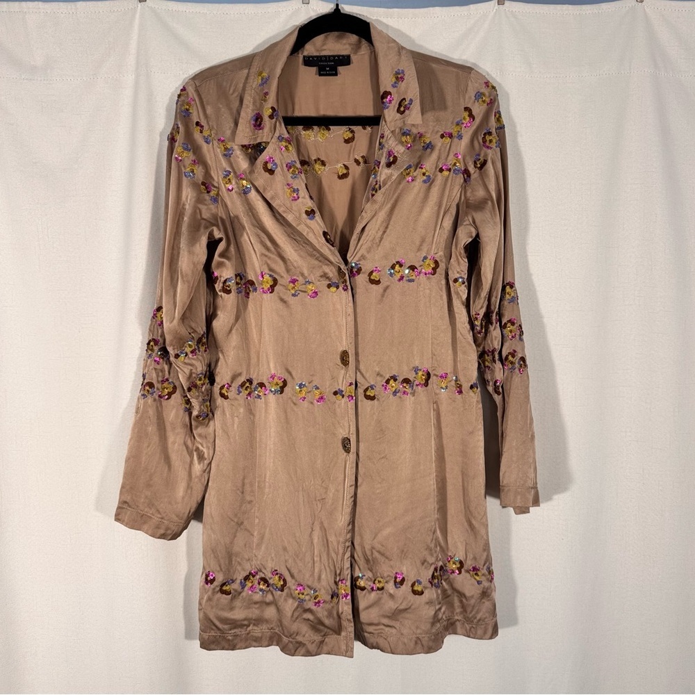 David Dart Silk Embroidered Sequin Longline Tunic Blouse